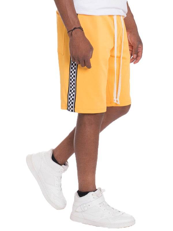 Weiv Mens Checkered Stripe Track Shorts with elastic waist and drawstring.